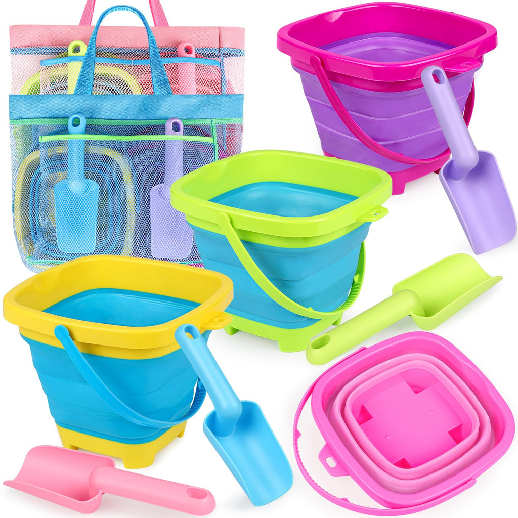 TSDATOWR Collapsible Beach Buckets for Kids Foldable Sand Buckets and Shovels with Mesh Beach Bag Silicone Beach Sand Pails for Beach Travel Beach Toys Sand Toys for Kids & Toddlers (4 Buckets)