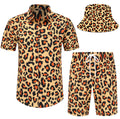 Spanoous Leopard Print Shirt Mens Hawaiian Shirts and Shorts Set Funny Hawaiian Shirts for Men Beach Outfits Sets with Bucket Hats 04-S