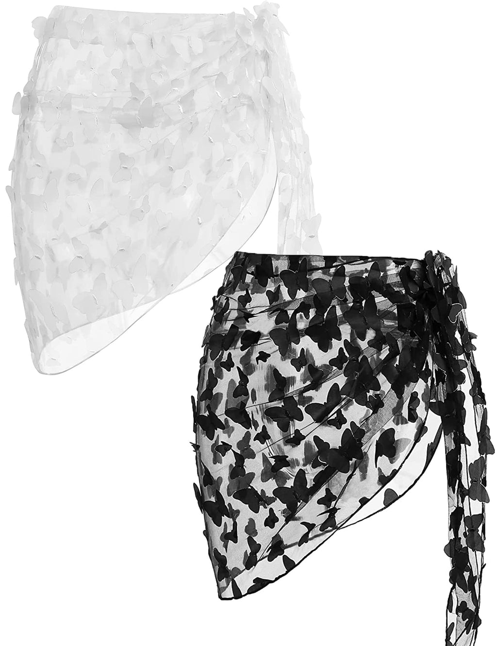 Ekouaer 2 Pcs Sarong Coverups for Women Beach Wrap Skirt Chiffon Swimsuit Coverup for Swimwear Butterfly-Black&WhiteSmall