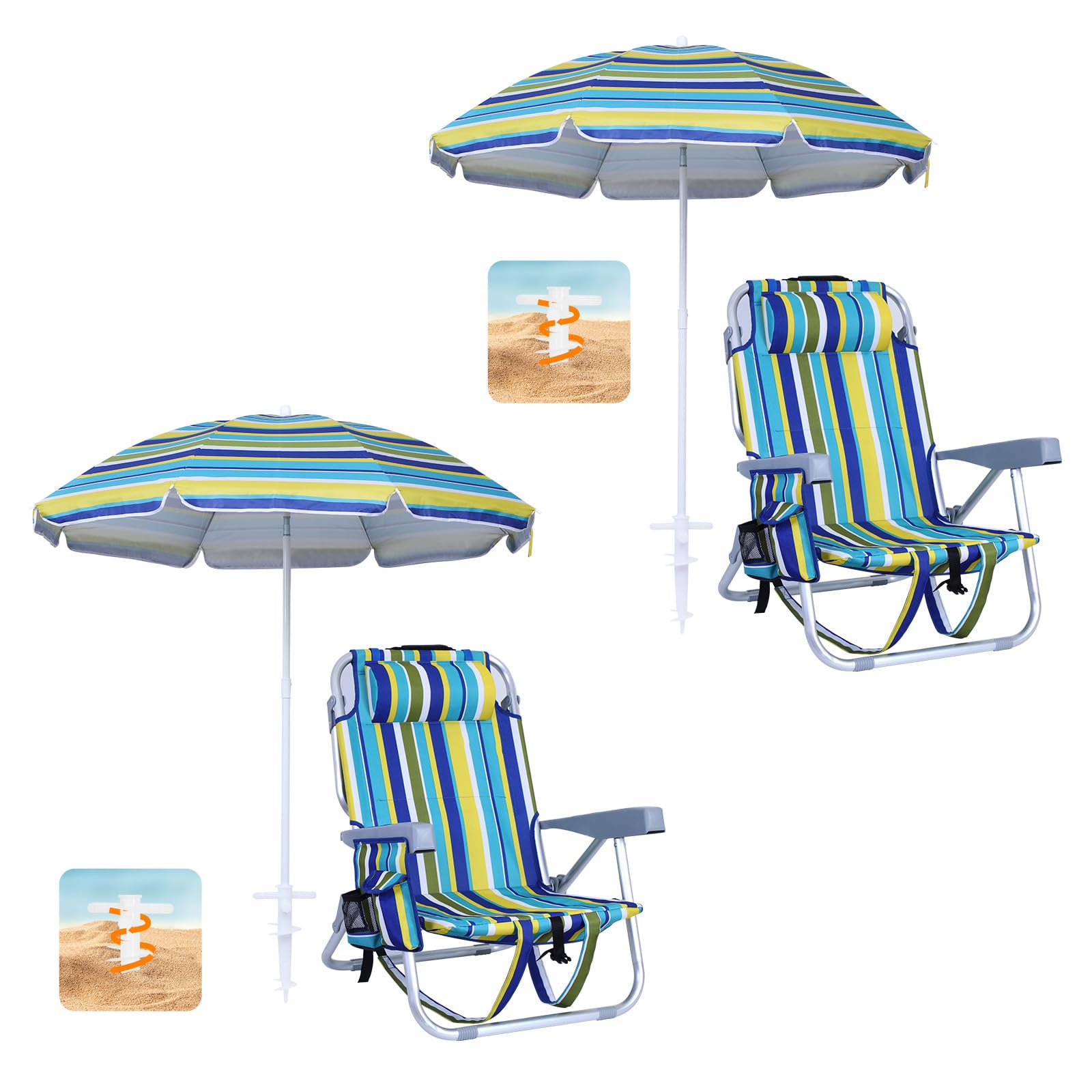 WGOS Beach Chair Beach Chair and Umbrella Backpack Beach Chair Beach Chair for Adults with Umbrella and Cooler Folding Chair Relining Chair for Beach Outdoor (Set of 2)