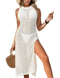 Buauty Womens Swimwear Cover Up Beach Crochet Covers Bikini Coverups Vacation Outfits with Mesh Sheer Maxi Dress Resort Wear White