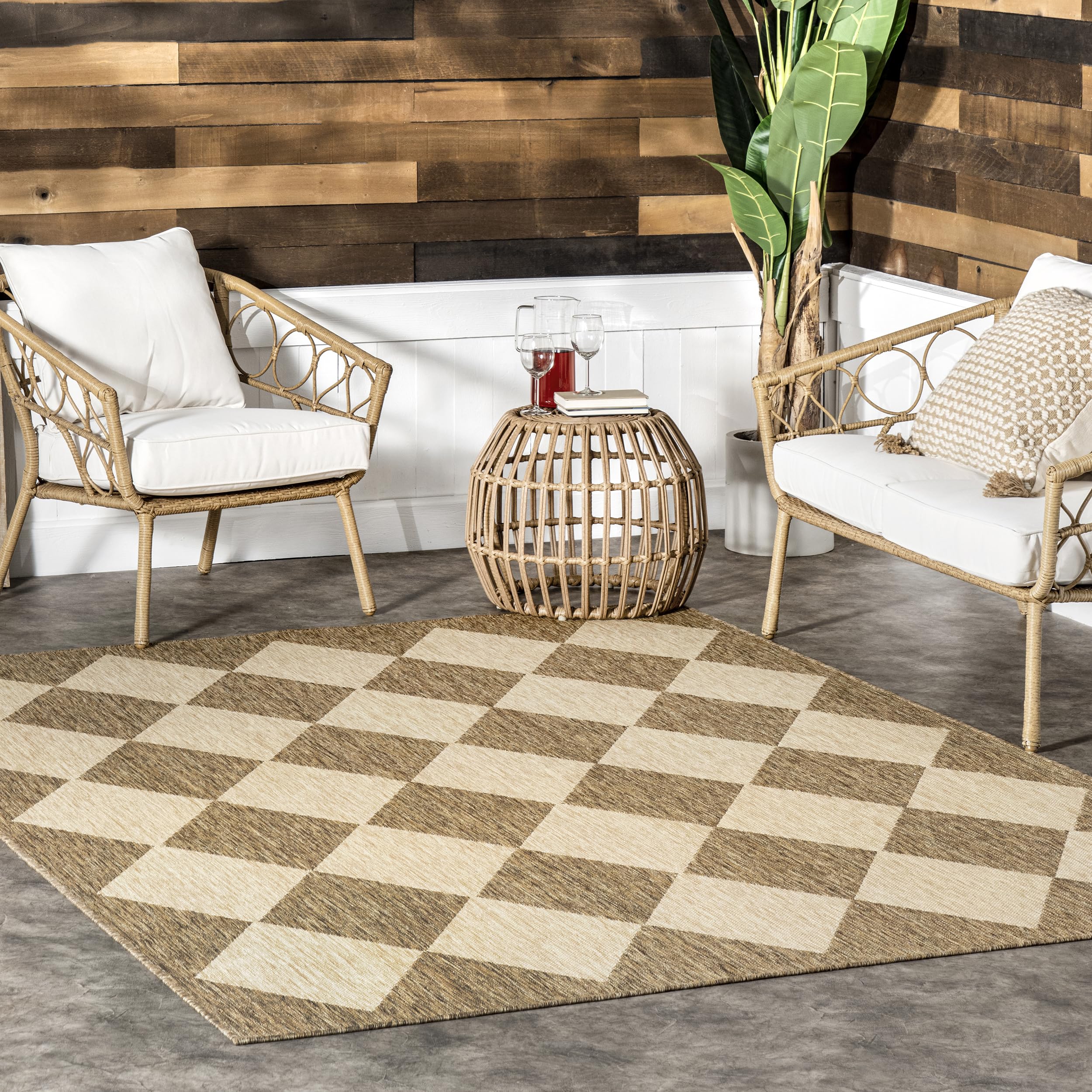 nuLOOM 8 Round Outdoor Performance Area Rug Stain Resistant Weather Resistant High Traffic Patio Balcony Outside Sabina Brown