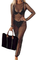 Willow Dance Womens Sheer Mesh Pearl Rhinestone Cover Up Beach Dress Swimwear Bikini Swimsuit Bathing Suit Coverups Black 3XL