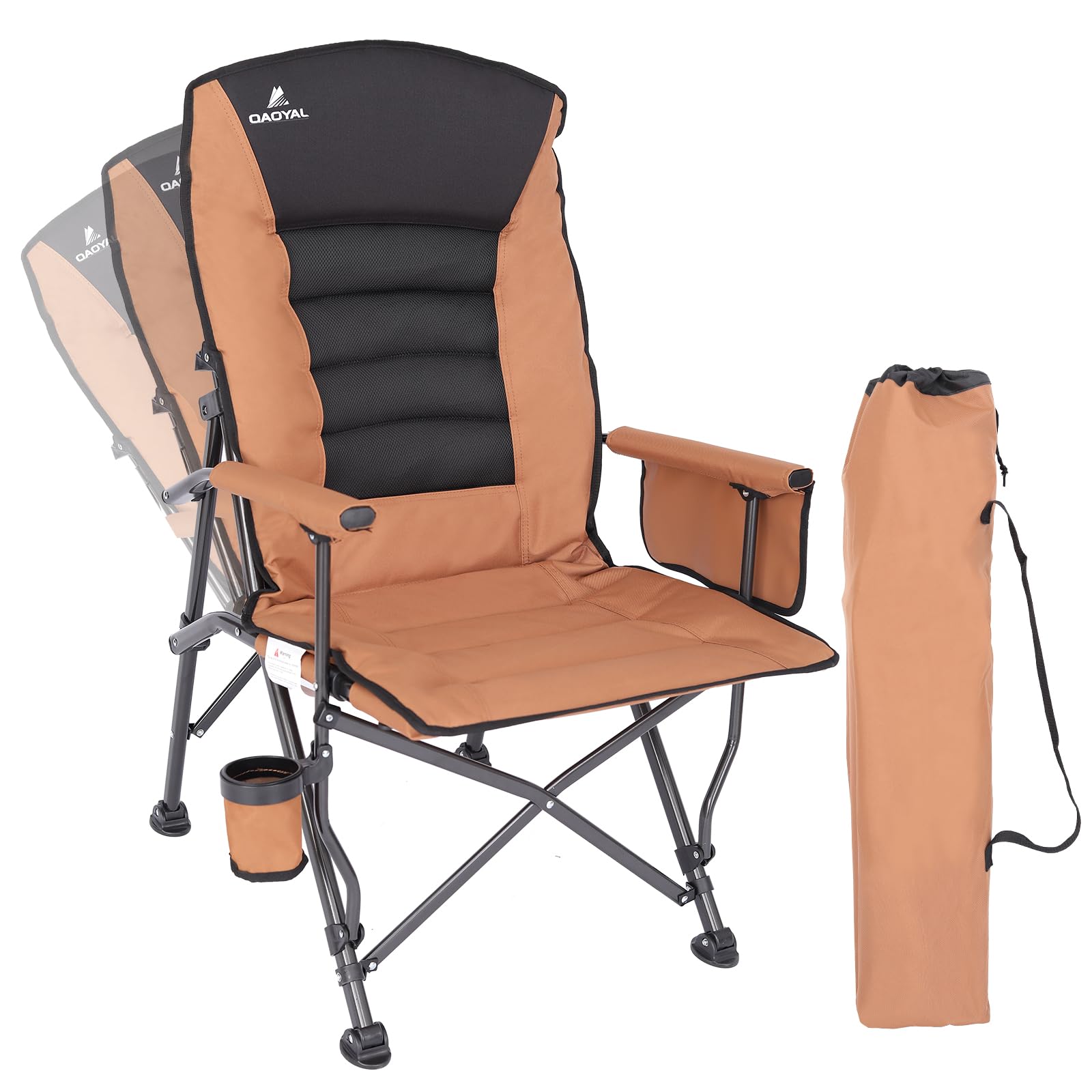 QAOYAL Camping Chairs for Adults Adjustable Backrest Heavy Duty Oversized Folding Chair Supports 350lbs for Outside with Cup Holder Brown