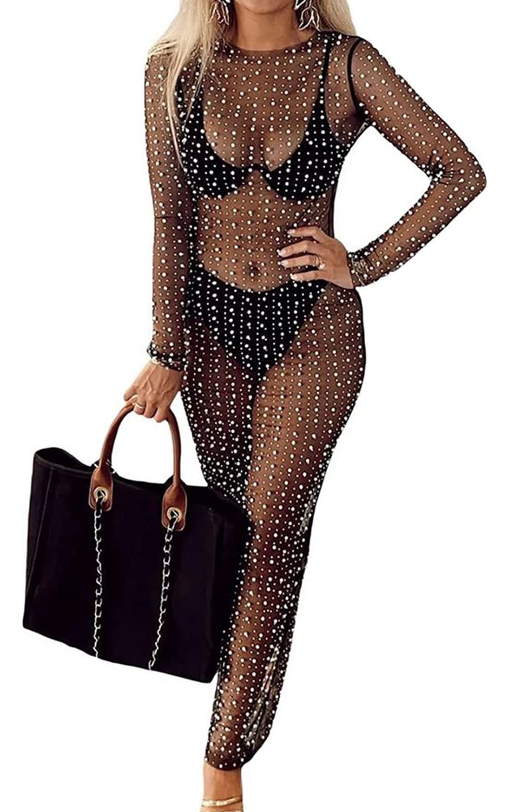 Willow Dance Womens Sheer Mesh Pearl Rhinestone Cover Up Beach Dress Swimwear Bikini Swimsuit Bathing Suit Coverups Black 3XL
