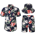MCEDAR Mens Hawaiian Shirt and Short 2 Piece Vacation Outfits Sets Casual Button Down Beach Floral Suits with Bucket Hats(18Dark Blue3XL)