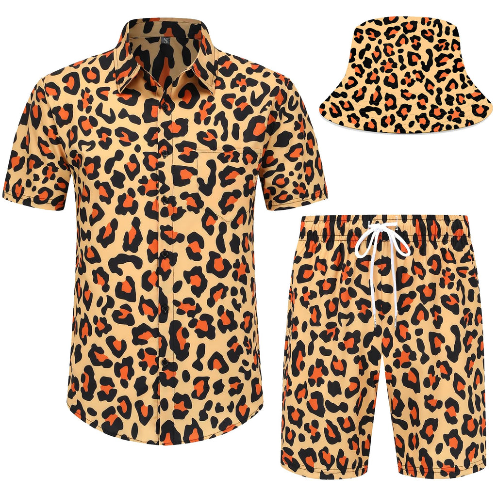 Spanoous Leopard Print Shirt Mens Hawaiian Shirts and Shorts Set Funny Hawaiian Shirts for Men Beach Outfits Sets with Bucket Hats 04-S