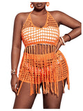 BEAUDRM Womens Plus Size 2 Piece Crochet Swim Cover Up Set Fringe Hem Halter Beach Top and Shorts Coverups Beachwear Orange 2XL