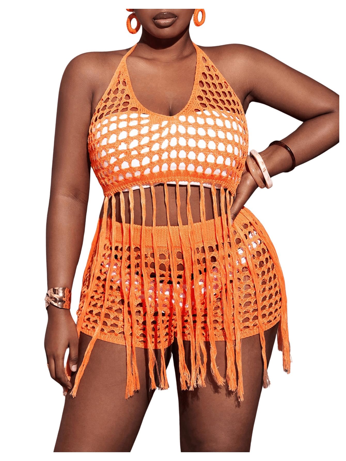 BEAUDRM Womens Plus Size 2 Piece Crochet Swim Cover Up Set Fringe Hem Halter Beach Top and Shorts Coverups Beachwear Orange 2XL