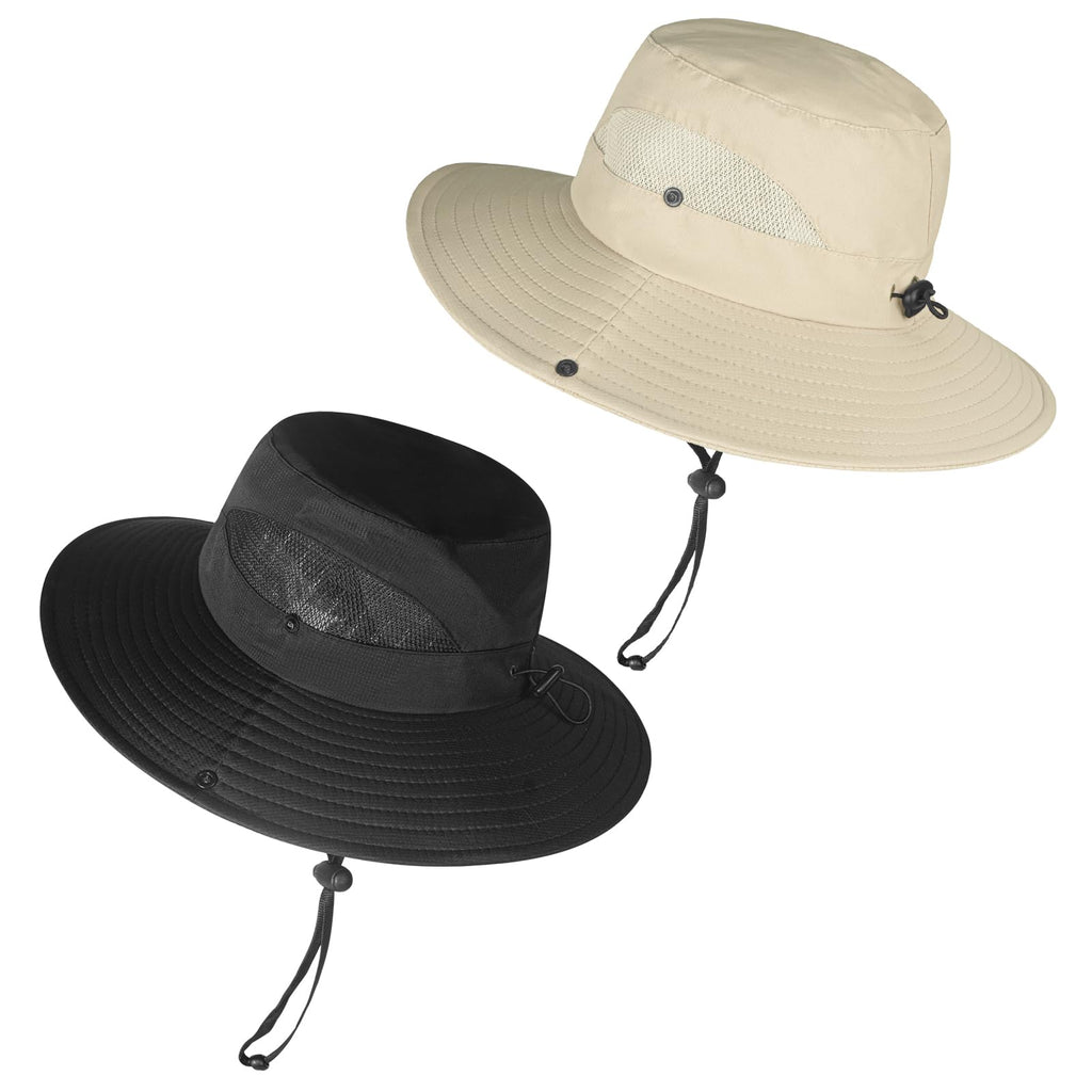 ZOORON Sun Hats for Men Women Wide Brim Bucket Hats UV Protection UPF50+ Waterproof Boonie Hats for Fishing Hiking Camping (2pack-Black+Light Beige)